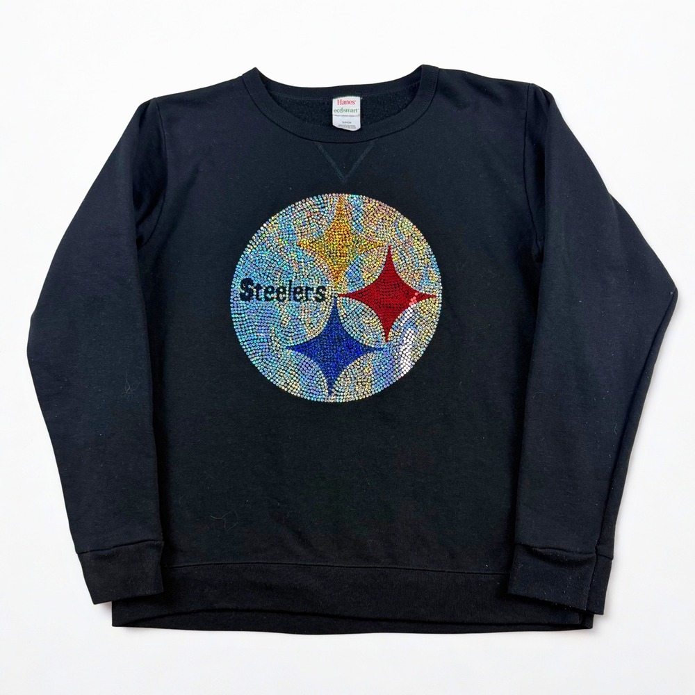 Pittsburgh Steelers Sweatshirt Womens S Black Vinyl Graphic Bling Hanes Pullover